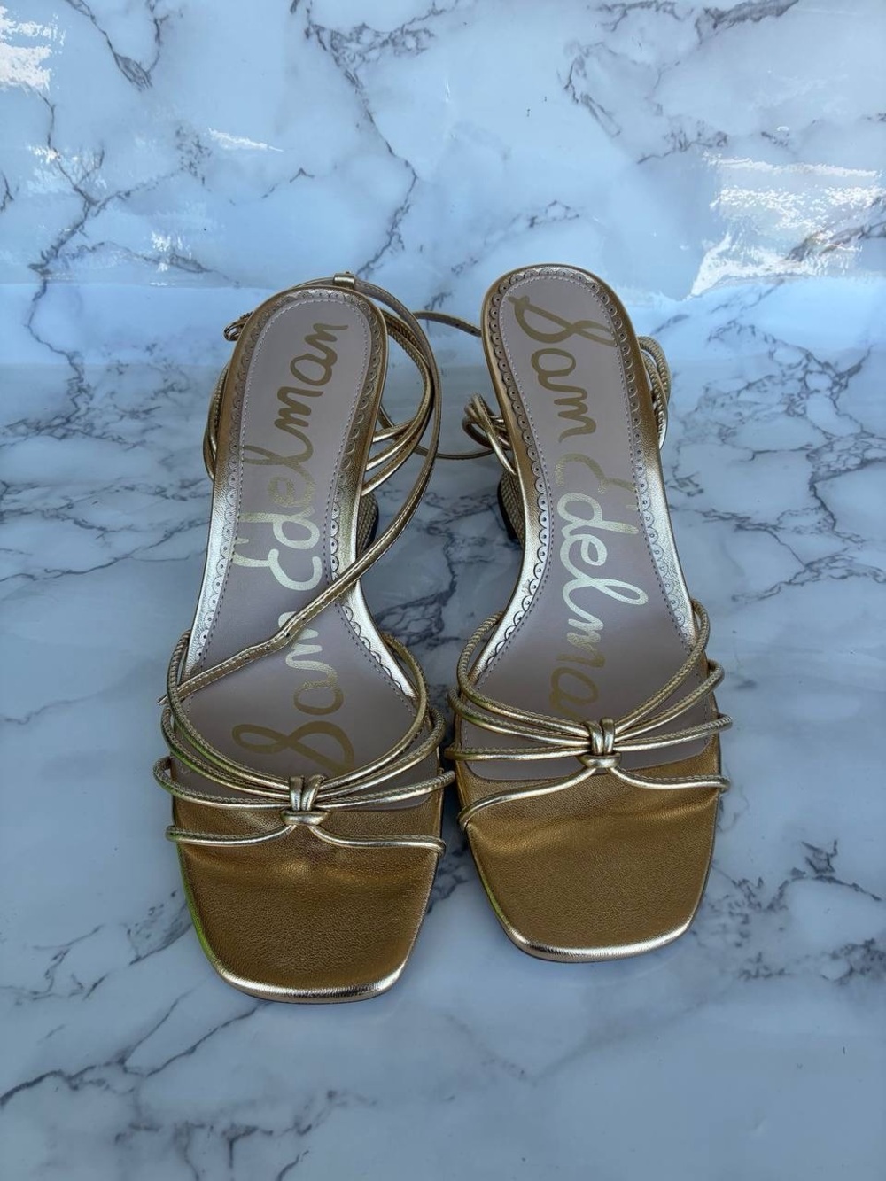 Women’s Sam Edelman Dania Gold Leather Strappy Heeled Sandals US Size 7